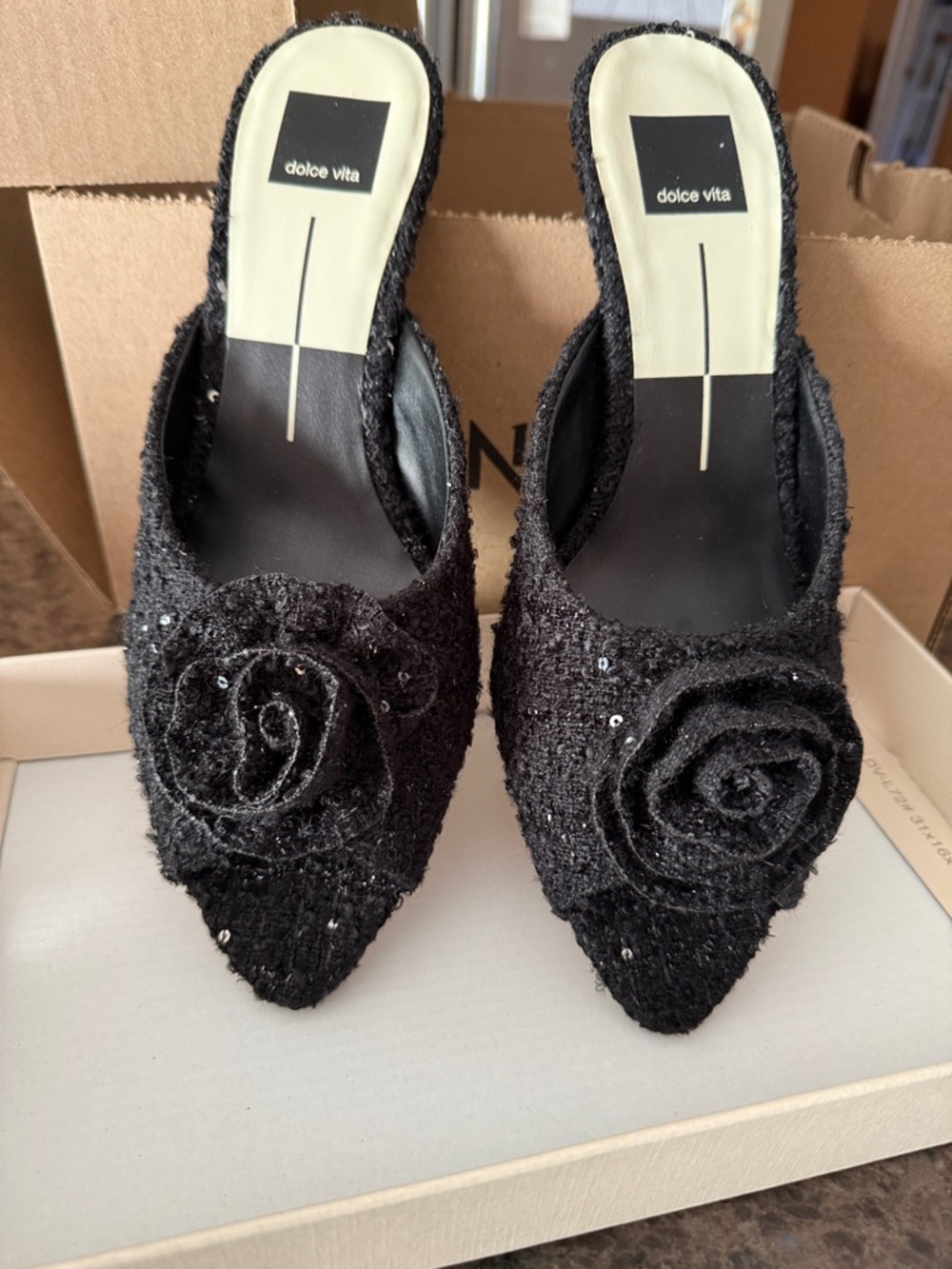 Dolce Vita Black Tweed Pointed Open-Toe Floral Mules sequin